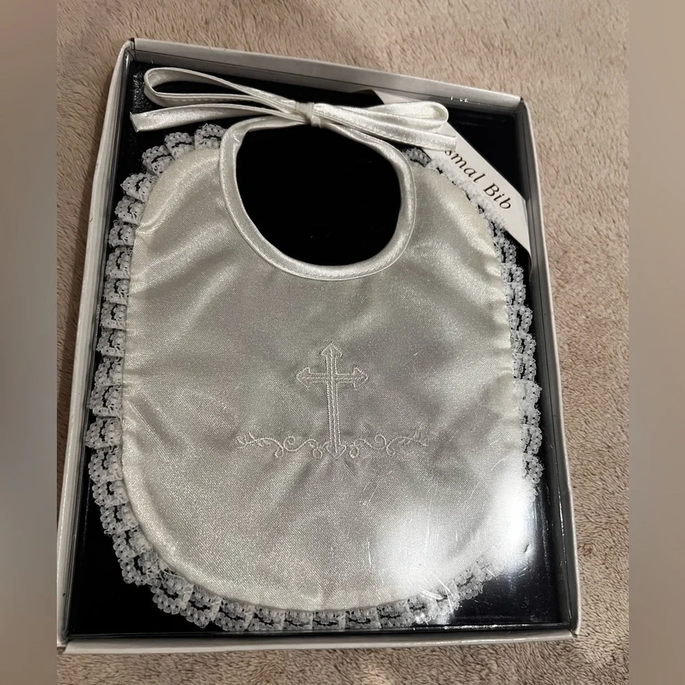 Elegant vintage new white Christening Bib with embroidered cross